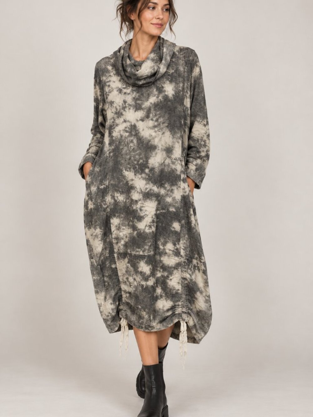 Bryn Walker Tie Dye Linen Cowl Neck Ruched Midi Dress M USA